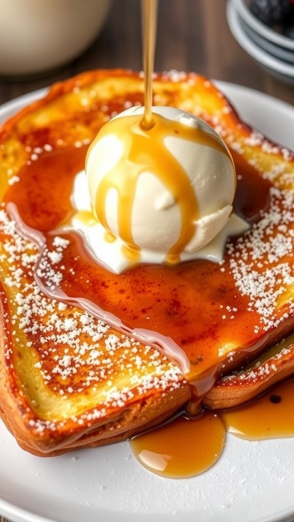 Decadent Ice Cream French Toast Recipe Golden-brown ice cream French toast topped with melting ice cream and maple syrup, garnished with berries.